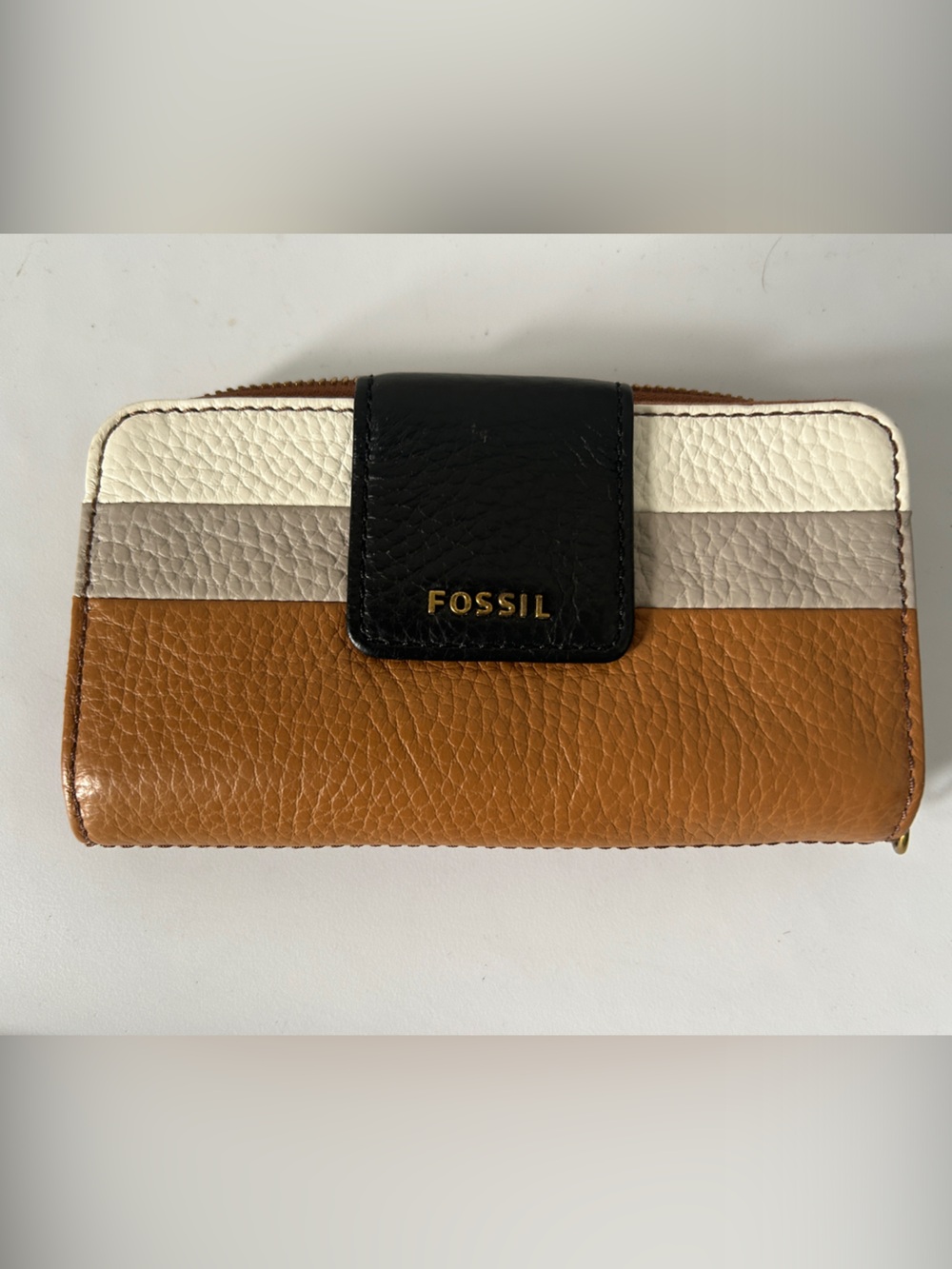 Fossil Brown Black Cream Stripe Leather Wallet